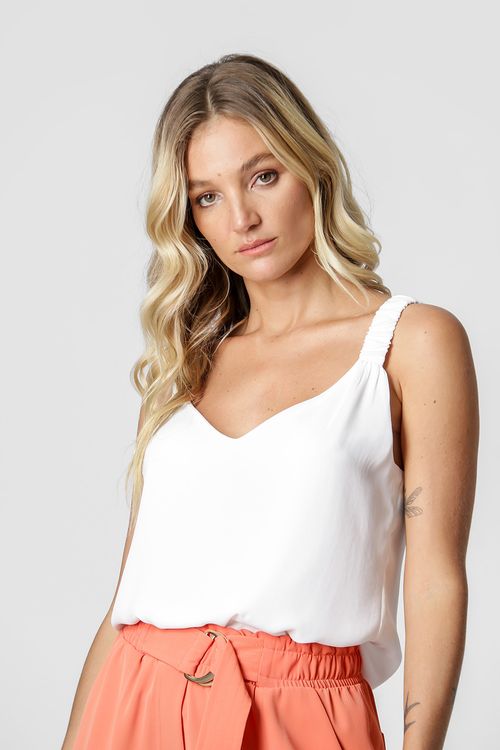 Blusa Decote V Alça Franzida - Off White