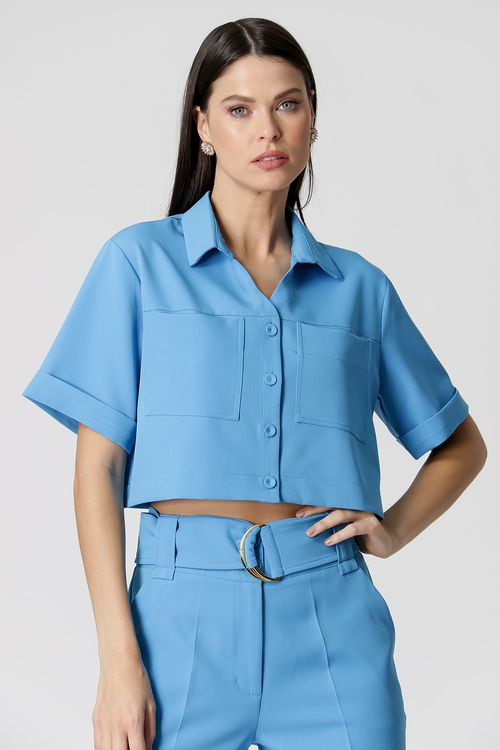 Camisa Cropped com Bolso - Azul