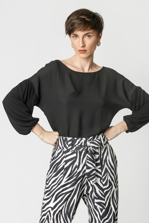 Blusa Mix de Tecidos Manga Puff - Preto