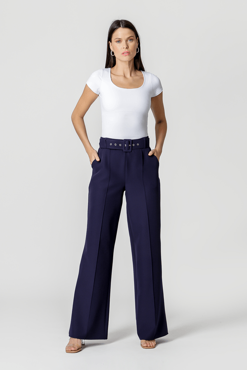 Calça Pantalona Cinto Forrado - Marinho 1