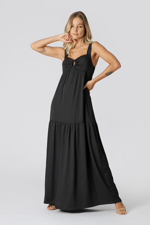 Vestido Longo Barrado - Preto