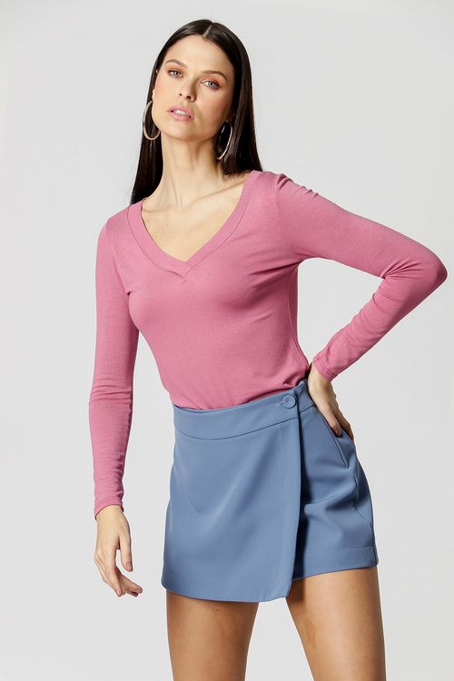 Blusa Manga Longa Decote V - Rose Esc 2