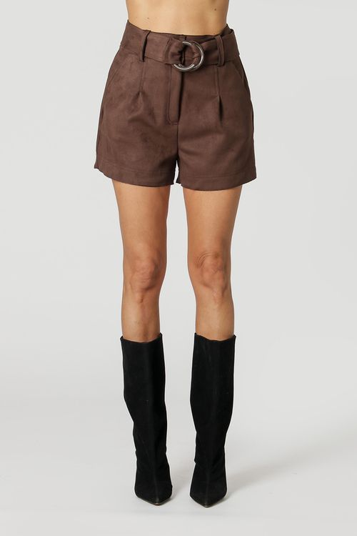 Shorts Suede com Faixa - Cafe