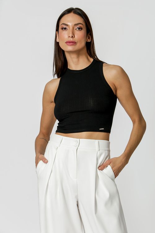 Blusa Cropped Básica Canelada - Preto