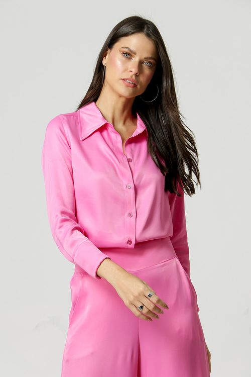 Camisa Manga Longa De Cetim - Pink Claro