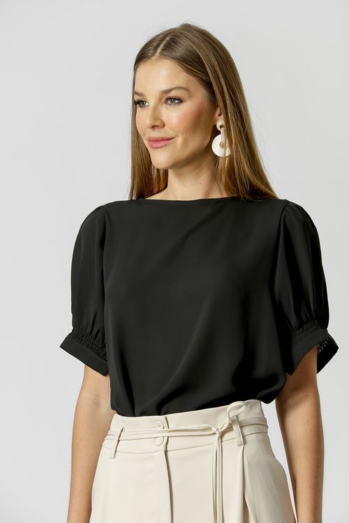 Blusa Manga Bufante Com Lastex - Preto