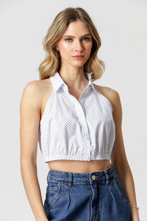 Camisa Regata Cropped Estampada - Marinho 90130
