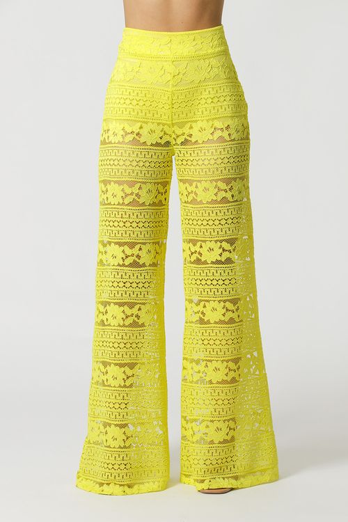 Calça Pantalona Em Renda - Amarelo