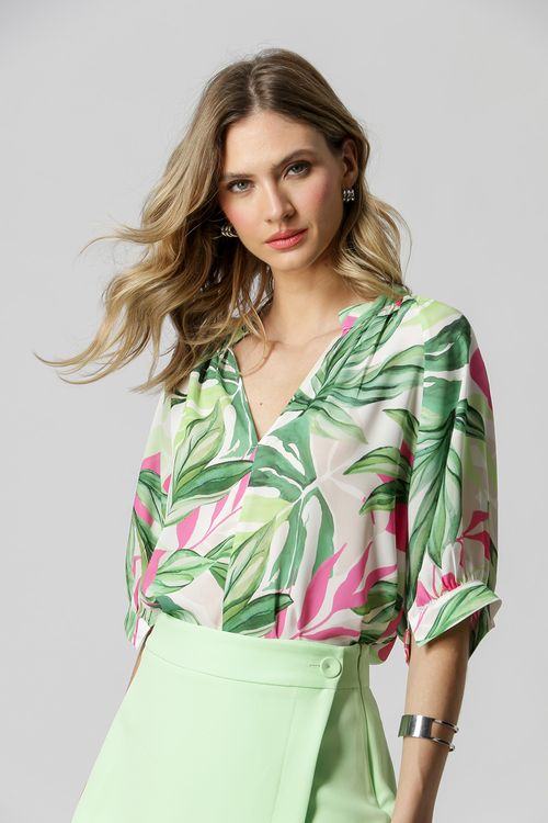 Blusa Franzida Decote V Estampada - Pink 4086