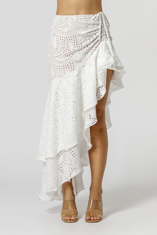 Saia Com Detalhe De Babado Lateral Em Laise Bordado - Off White