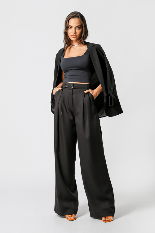 Calça Pantalona Cinto Fino - Preto