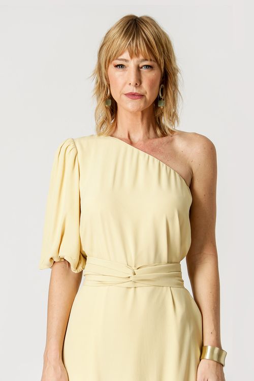 Vestido Um Ombro Barrado - Bege
