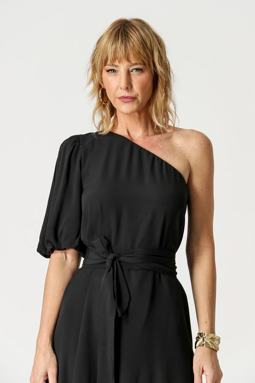Vestido Um Ombro Barrado - Preto