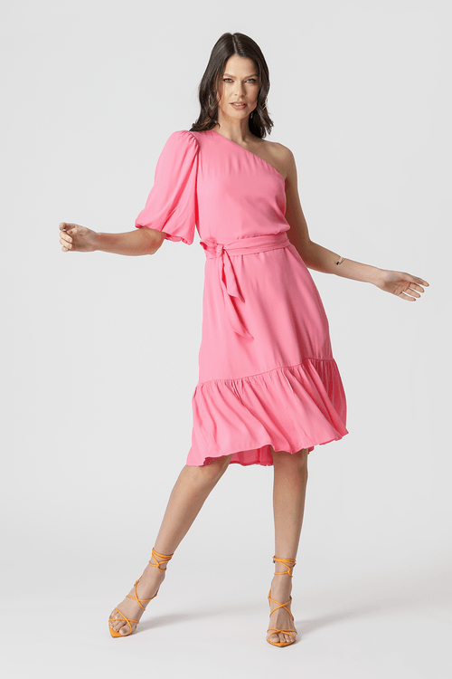 Vestido Um Ombro Barrado - Pink Claro