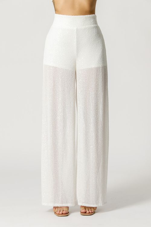 Calça Pantalona De Paetê - Off White