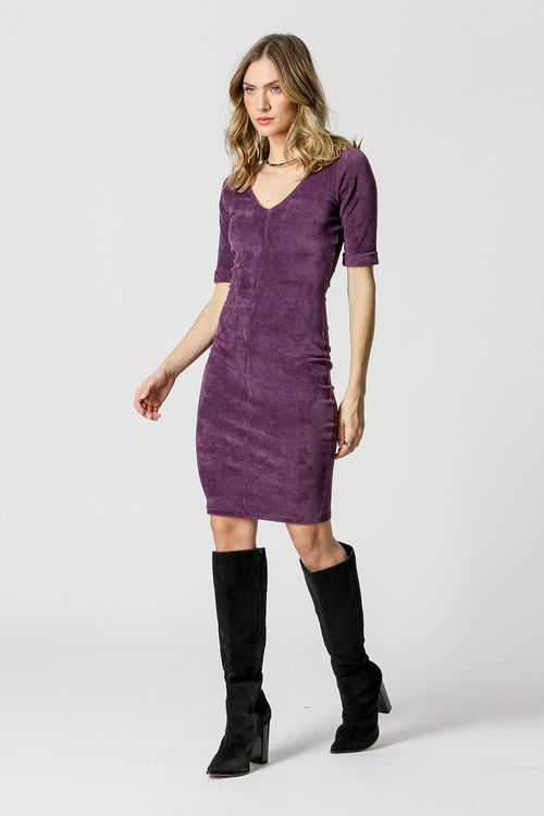Vestido Com Decote V - Roxo Escuro