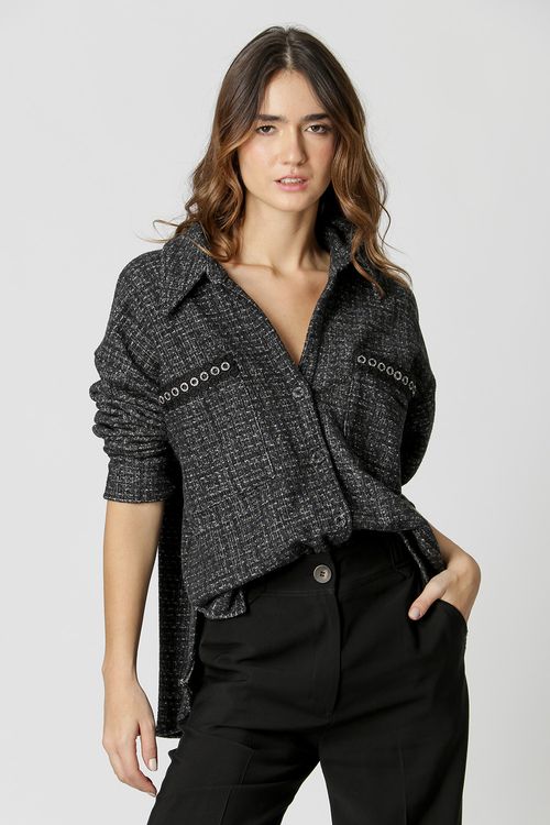Camisa De Tweed  E Bolso Com Detalhe Aviamento - Preto