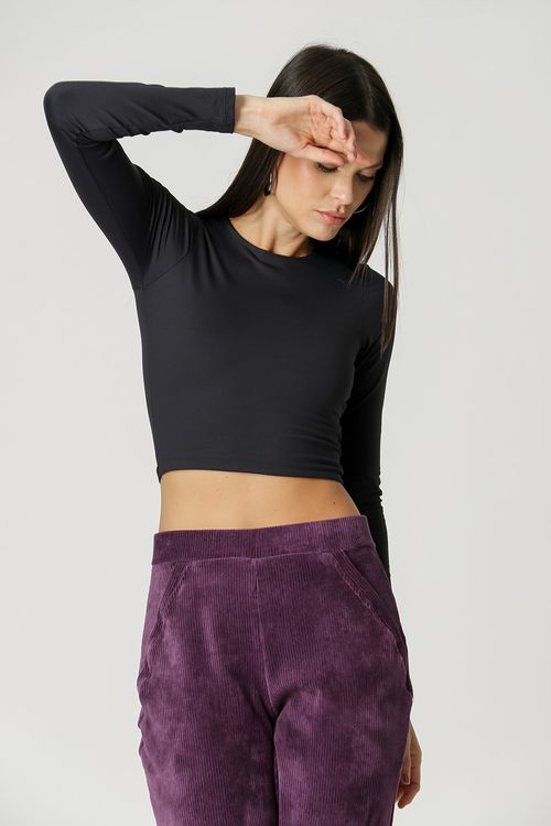 Blusa Cropped Manga Longa - Preto