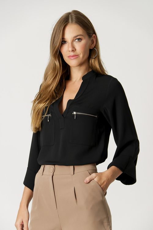 Blusa Manga Longa Com Zíper - Preto