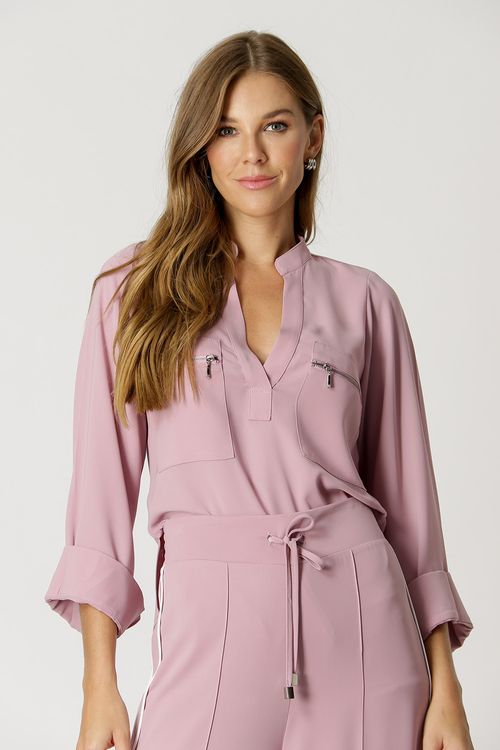 Blusa Manga Longa Com Zíper - Rose Esc