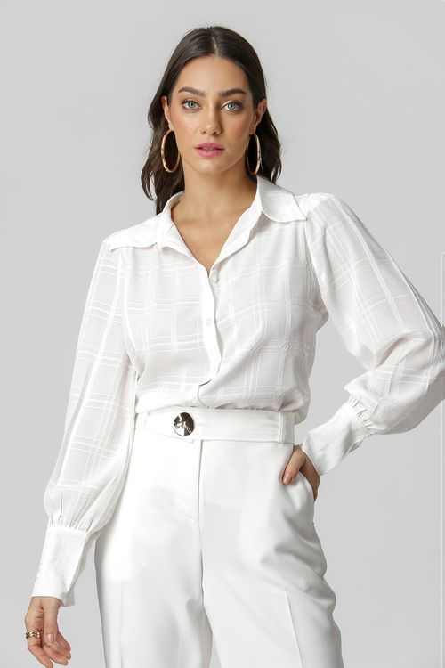 Camisa Manga Bufante Xadrez - Off White
