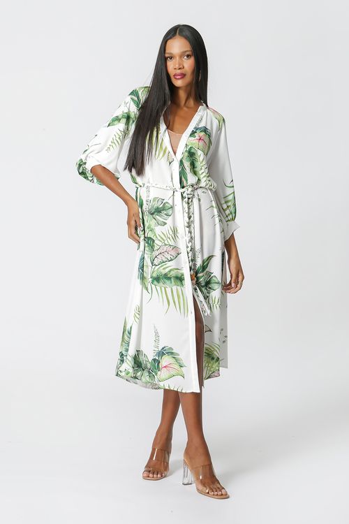 Vestido Chemise Com Manga Bufante Estampado - Off White 4089