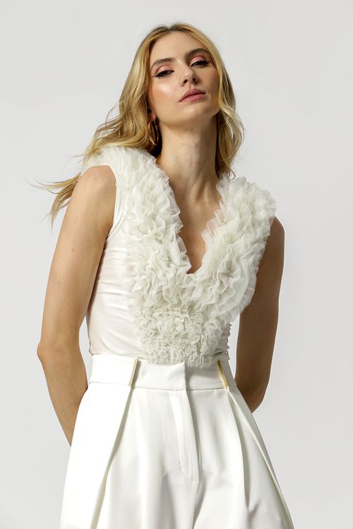 Body Com Babado De Tule - Off White