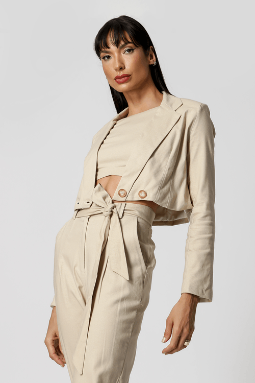 Blazer Cropped De Linho - Areia