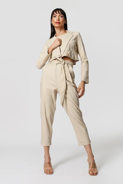 Blazer Cropped De Linho - Areia