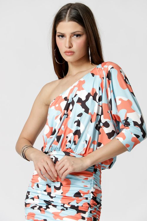 Vestido Curto Franzido Estampado - Anil 6052