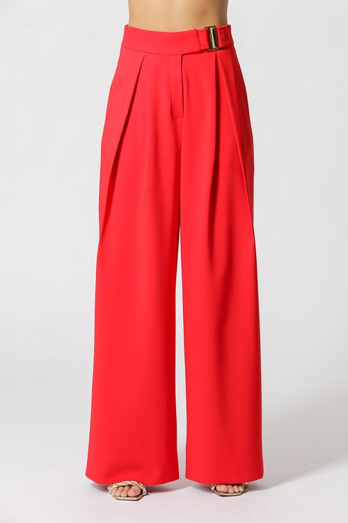 Calça Pantalona De Alfaiataria Com Fivela - Vermelho