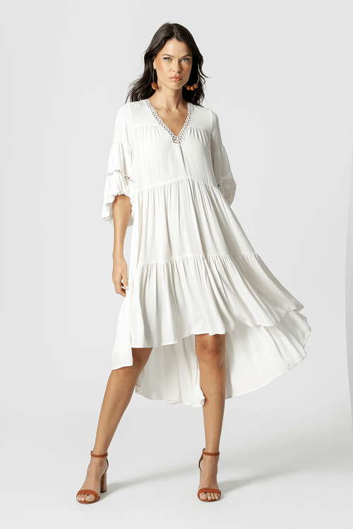 Vestido Em Viscose Fluída Com Renda - Off White