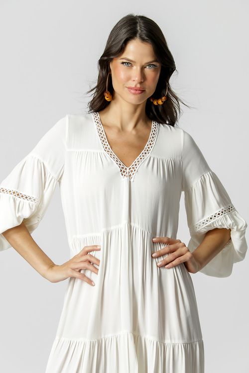 Vestido Em Viscose Fluída Com Renda - Off White