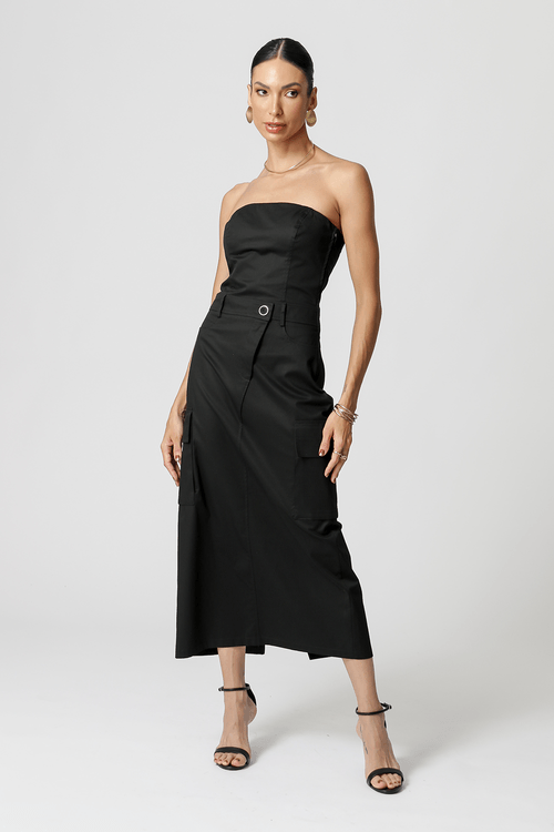 Vestido Strapless Com Bolsos Laterais - Preto