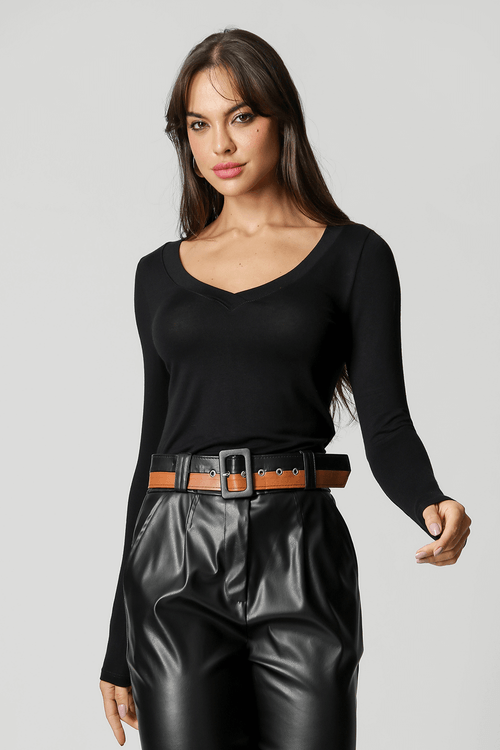 Blusa Manga Longa Decote V - Preto
