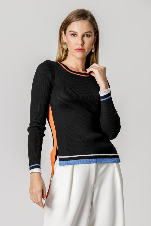 Blusa Manga Longa de Retilínea Com Contraste - Preto