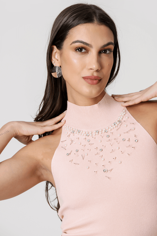 Blusa Decote Alto com Bordado - Rosa Bebe