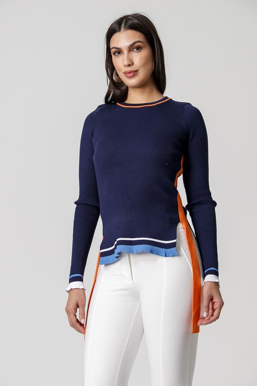 Blusa Manga Longa de Retilínea Com Contraste - Marinho