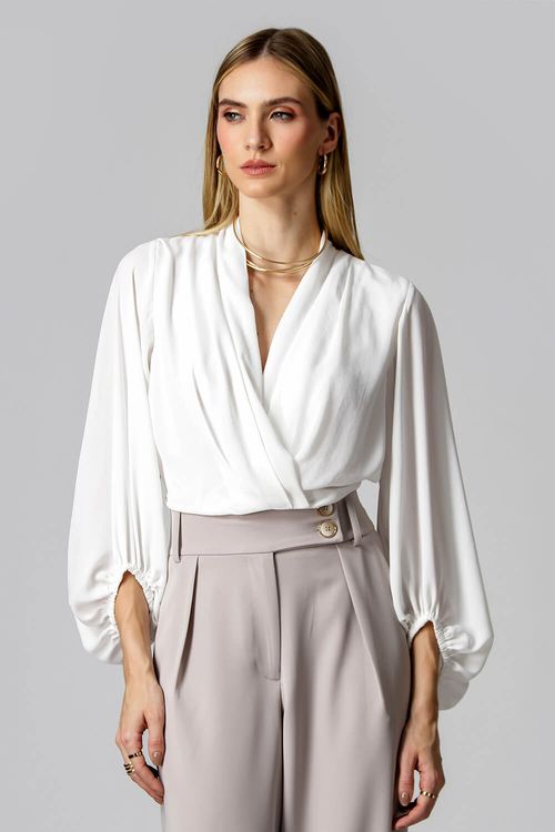 Blusa Transpassada Manga Longa Bufante - Off White