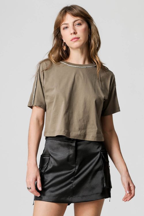 T-Shirt Com Strass No Ombro - Musgo 1