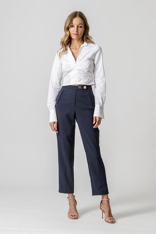 Camisa Cropped Com Pregas e Zíper - Off White