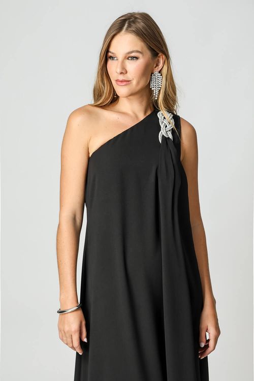 Vestido Longo Com Faixa e Detalhe de Strass - Preto