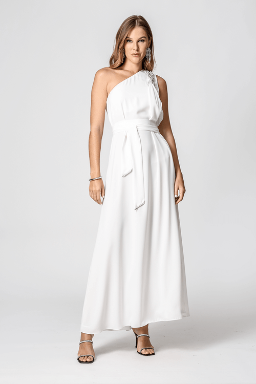 Vestido Longo Com Faixa e Detalhe de Strass - Off White