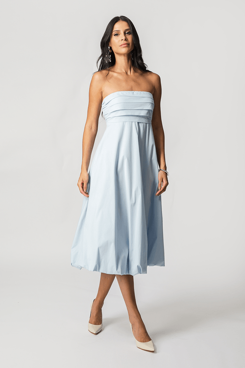 Vestido Balonê Com Pregas No Busto - Azul  Claro