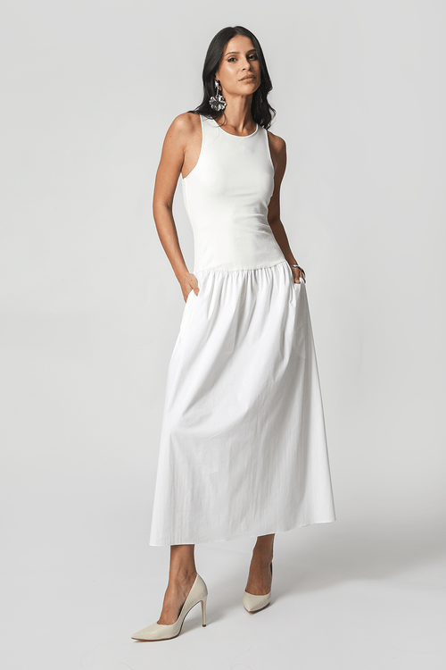 Vestido Com Mix de Tecidos - Off White