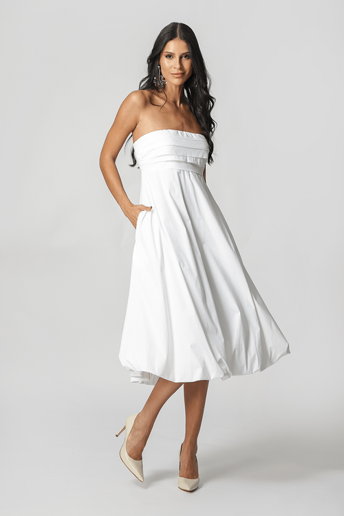 Vestido Balonê Com Pregas No Busto - Off White