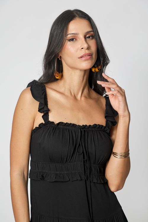 Vestido Com Babados Na Alça - Preto