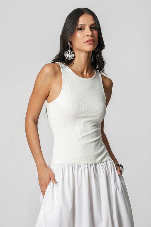 Vestido Com Mix de Tecidos - Off White