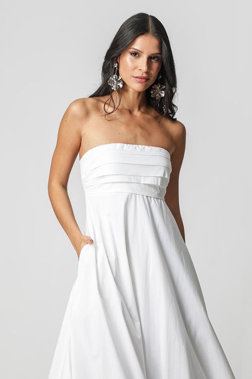 Vestido Balonê Com Pregas No Busto - Off White