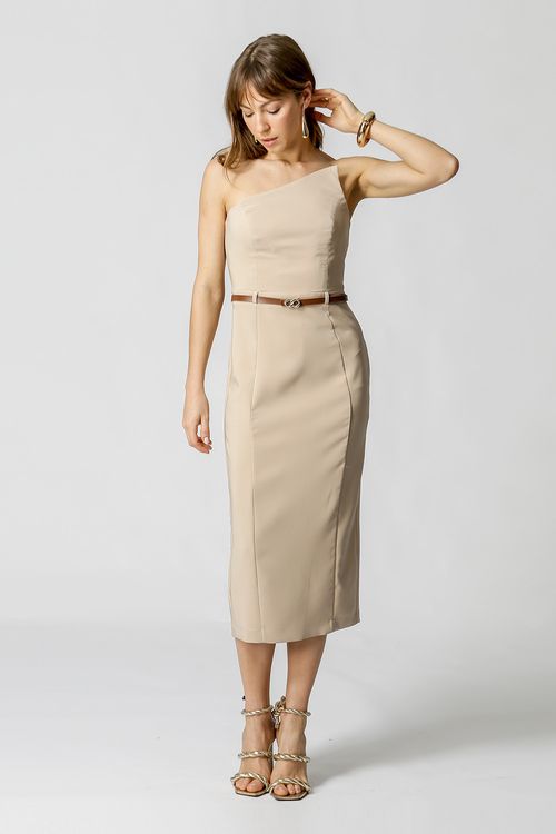Vestido Decote Assimétrico - Areia